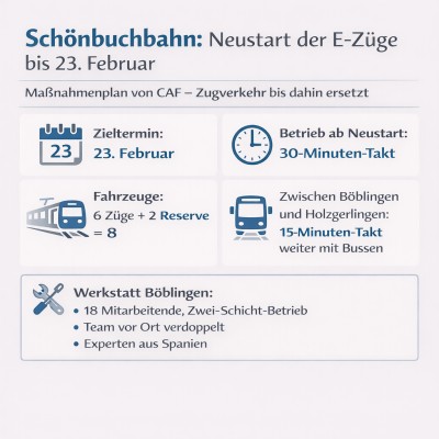 Schönbuchbahn: CAF sagt Neustart mit acht Zügen bis 23. Februar zu